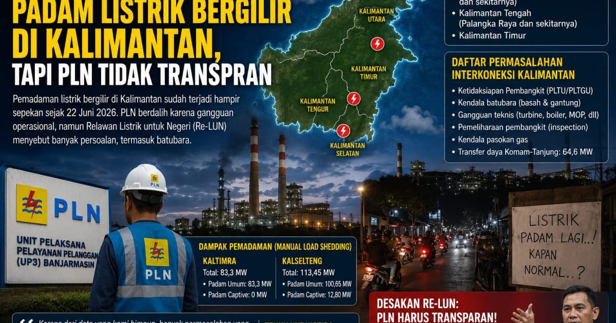 Hampir Sepekan Terjadi Pemadaman Listrik Bergilir di Kalimantan, Kornas Re-LUN Sebut PLN Tidak Transparan