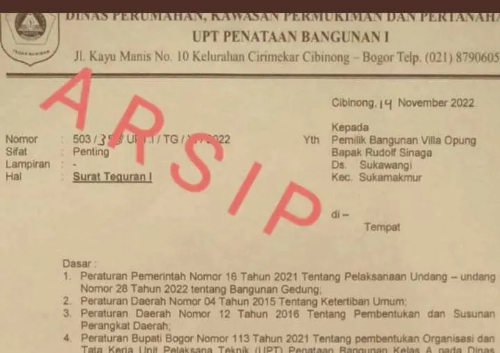 UPT Pengawas Bangunan Resmi Layangkan SP I ke Pemilik Villa Opung Sukamakmur