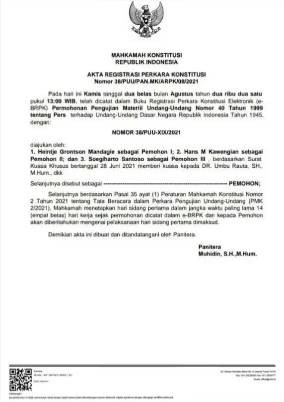 Uji Materi UU Pers di Mahkamah Konstitusi Segera Disidangkan