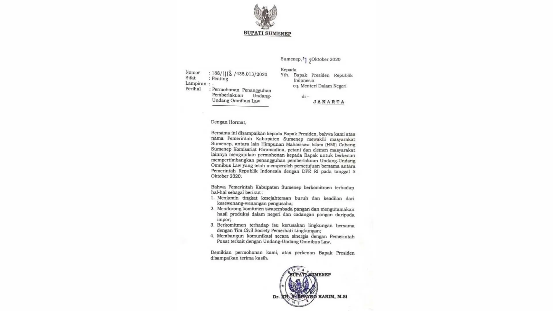 Kabulkan Tuntutan Penolakan Omnibus Law, Bupati Sumenep Siap Berkirim Surat ke Presiden