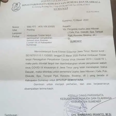 Darurat Covid-19, Pemkab Sumenep Keluarkan Himbauan Penutupan Cafe dan Tempat Hiburan